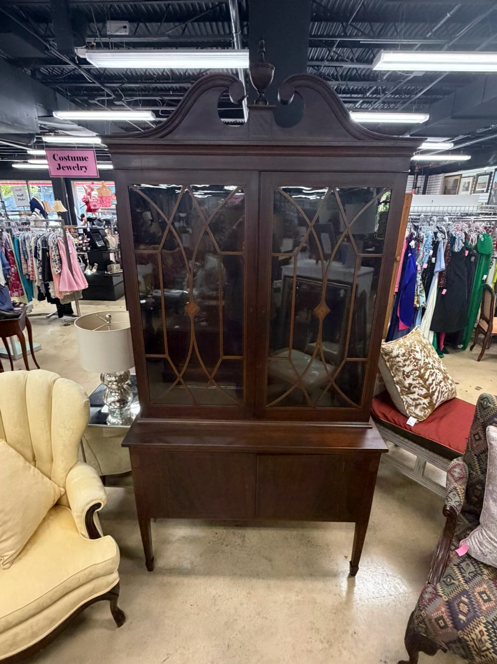 VINTAGE Dark Wood Cabinet w/ Glass Doors