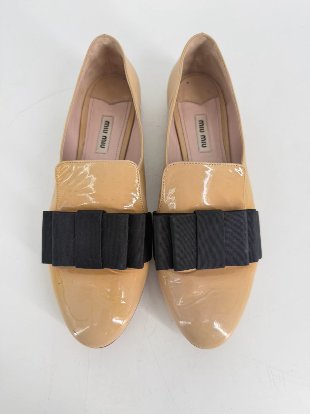 MIU MIU Size 39.5 Beige & Black Leather Bow Crystal Flats
