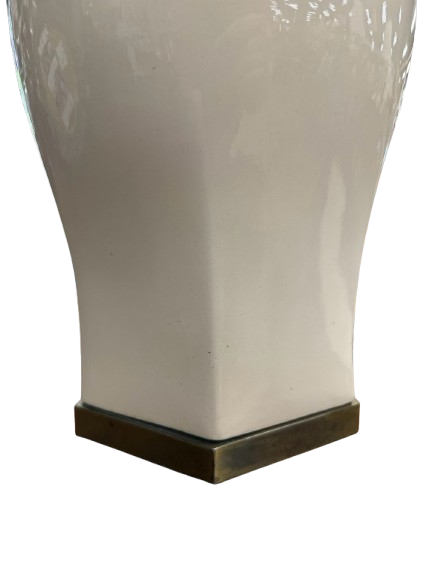 Cream Ceramic Lamp w/ Brushed Gold Trim & Ivory Shade