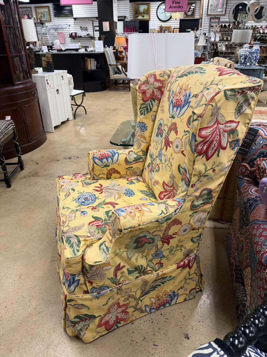 VINTAGE Yellow, Blue, Red & Green Floral Slip Covered Wingback Chair