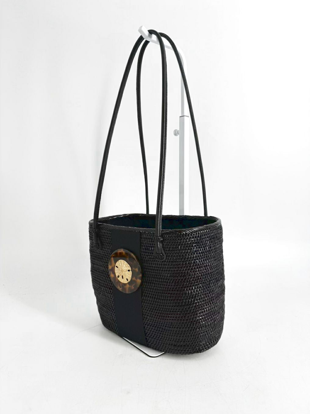 BOSOM BUDDY BAGS Black & Gold Sand Dollar Motif Straw Purse