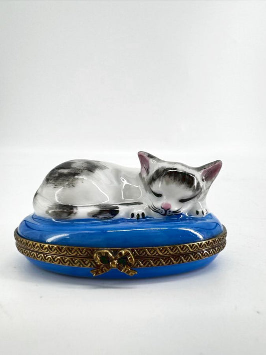 LIMOGES Black, White & Blue Cat on Blanket Ceramic Trinket Box
