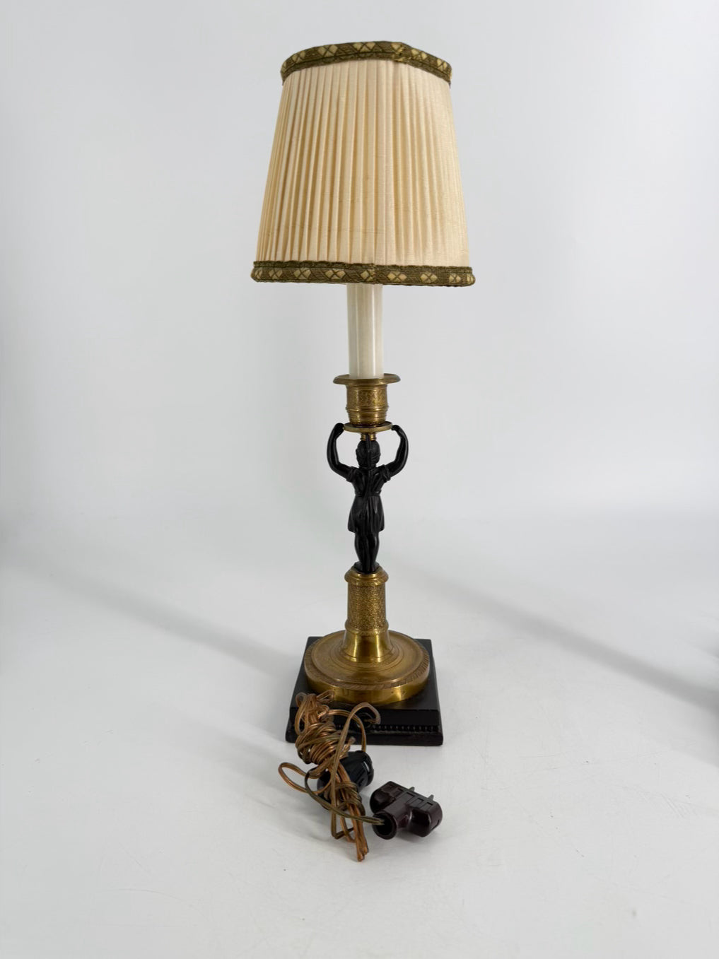Brass & Bronze Candlestick Classical Rival Figural Pair of Lamps w/ Shades