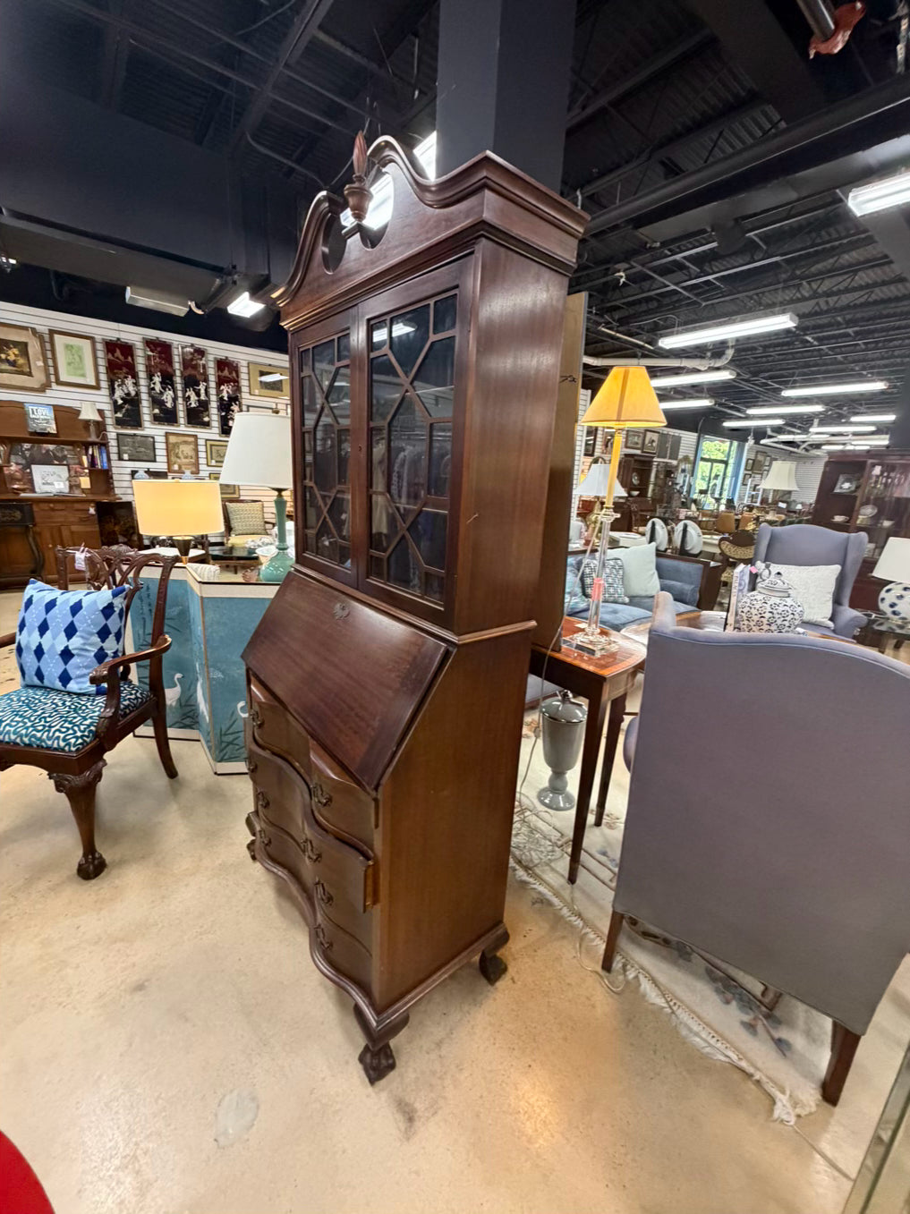 VINTAGE Dark Mahogany Secretary w/ Bookcase Top & Glass Doors