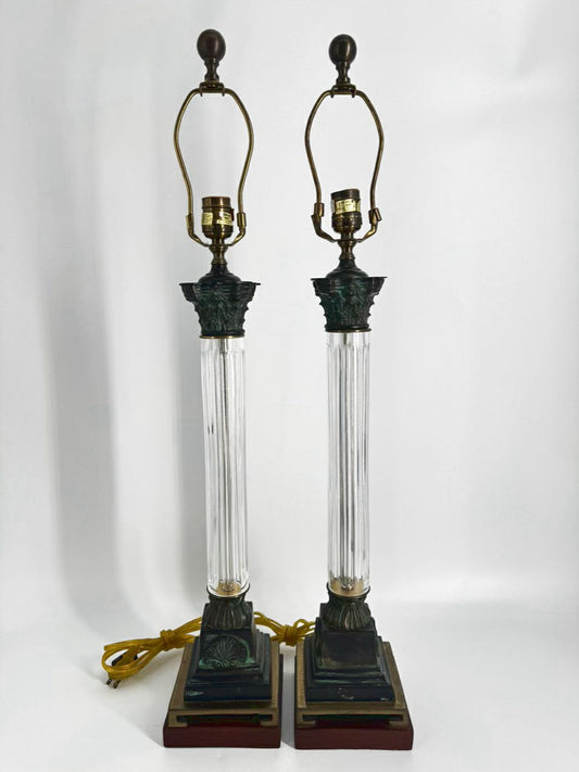WILDWOOD Brass, Glass & Wood Column Pair of Lamps