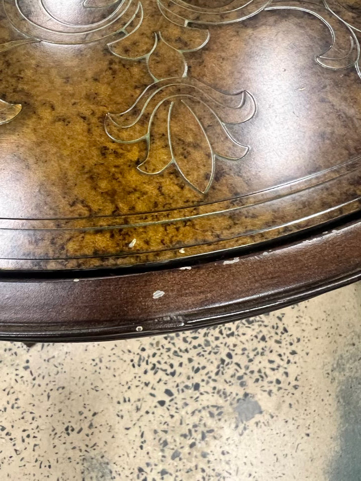 Brown Metal Occasional Table w/ Embossed Design on Table Top