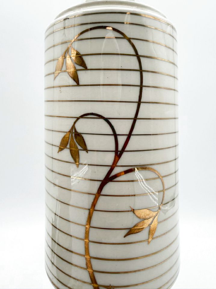 MID CENTURY White & Gold Cylinder Ceramic Pair Of Lamps No Shades