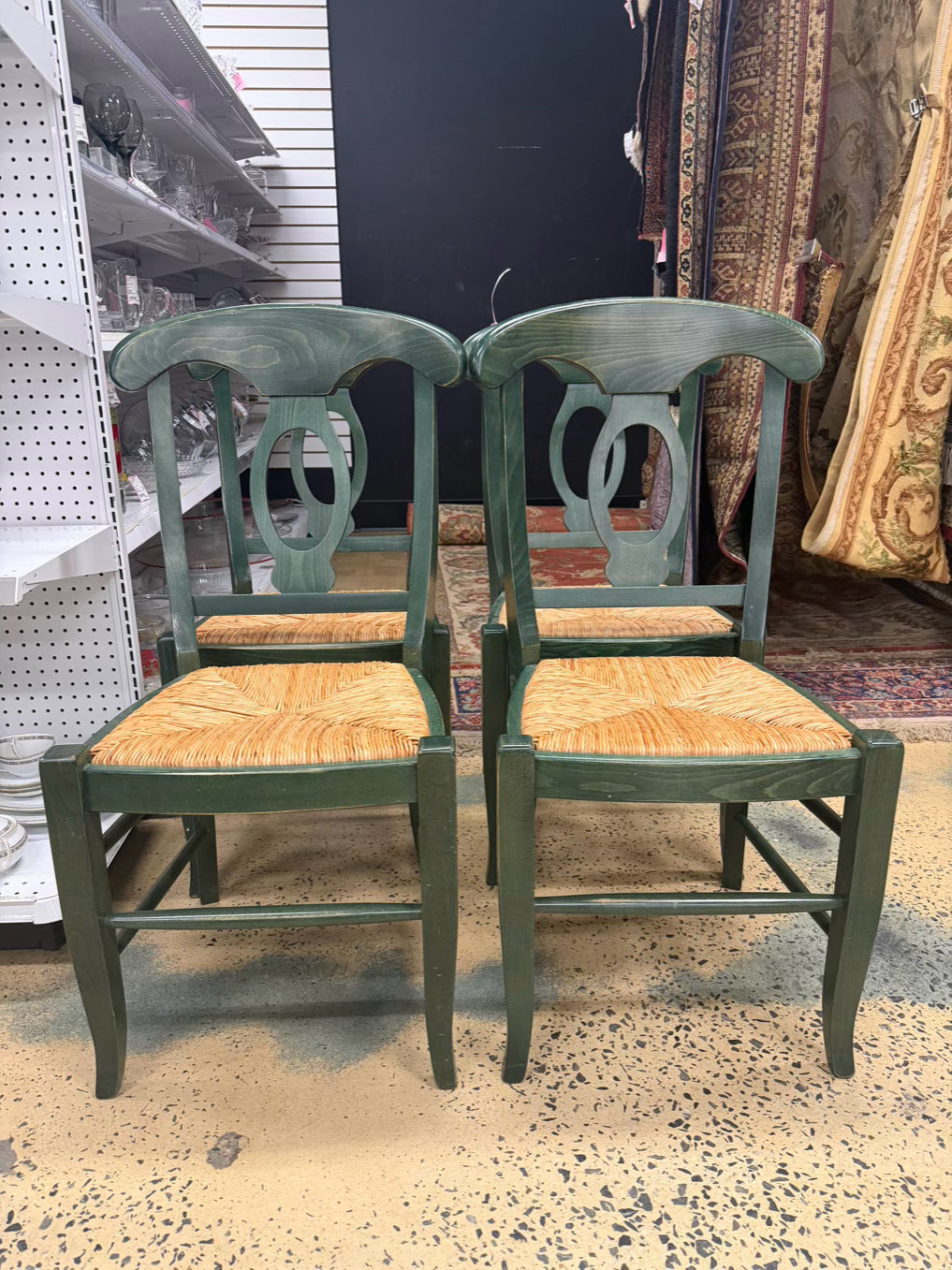 POTTERY BARN Green Wood Set of 4 Chairs w/ Rush Seats