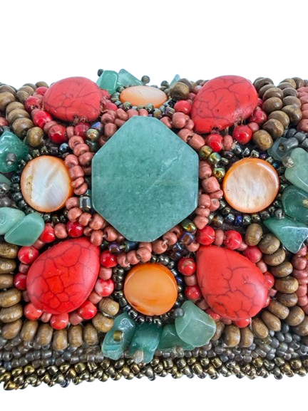 MARY FRANCES Orange, Blue & Pink Fabric & Beads Beaded Clutch Bag NWT