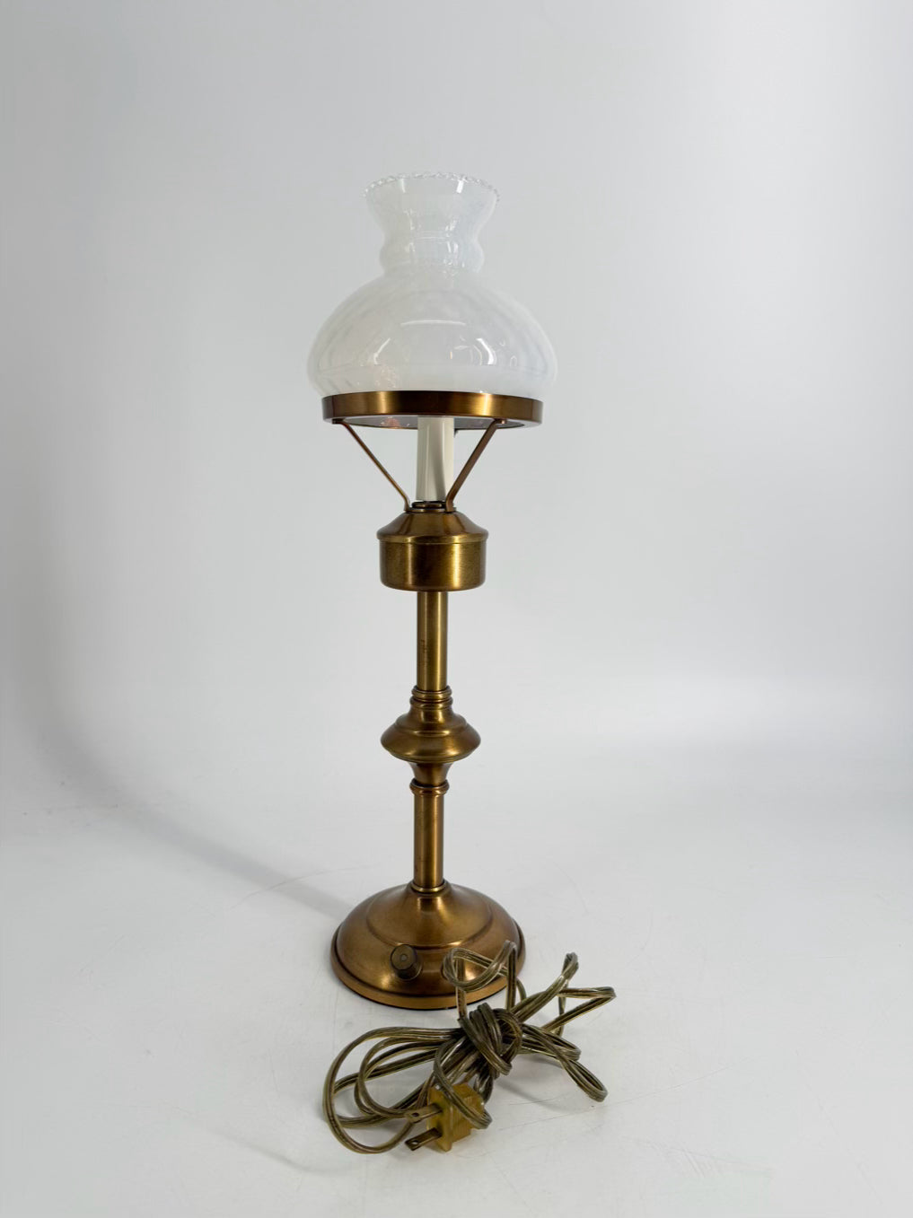 VINTAGE Mid-Century Brass Hurricane Pair Of Lamps w/ White Swirl Glass Globes