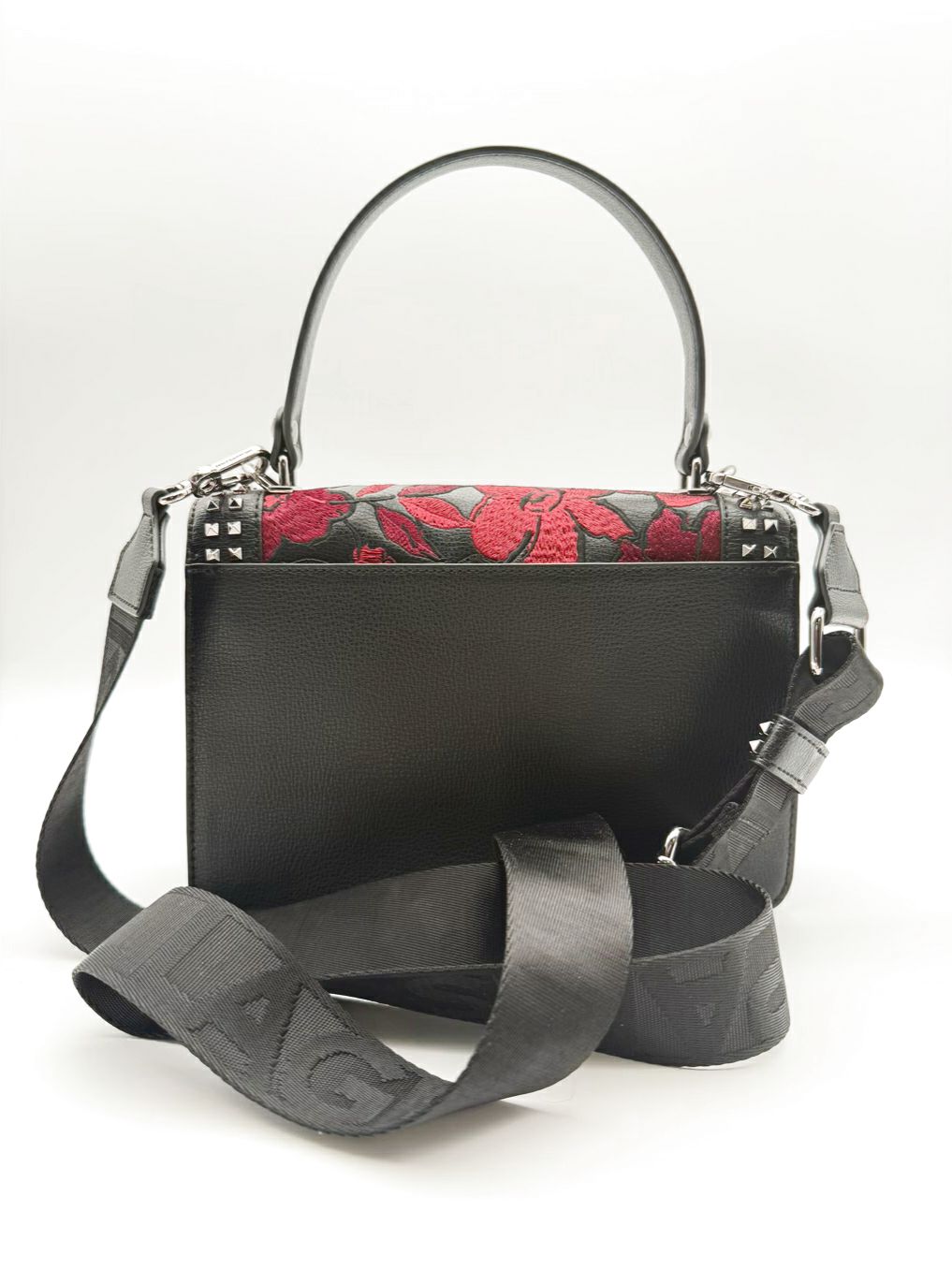 KARL LAGERFELD Simone Black & Red Leather Floral Flap Crossbody Purse