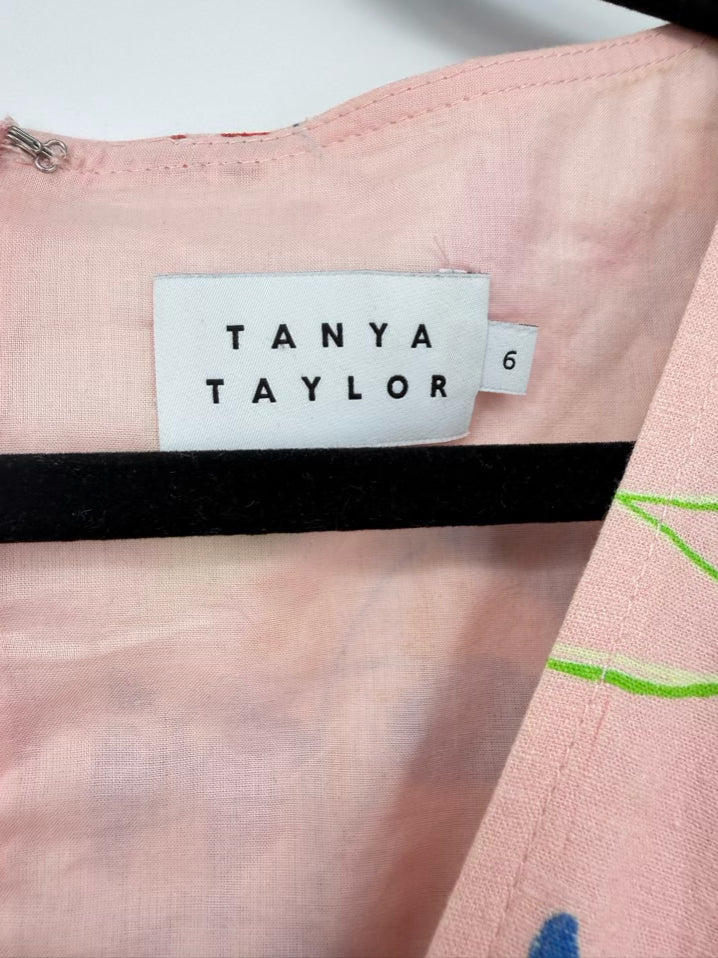 TANYA TAYLOR Size Wmn's 6 Peach Linen Blend Belted Floral Midi-Dress