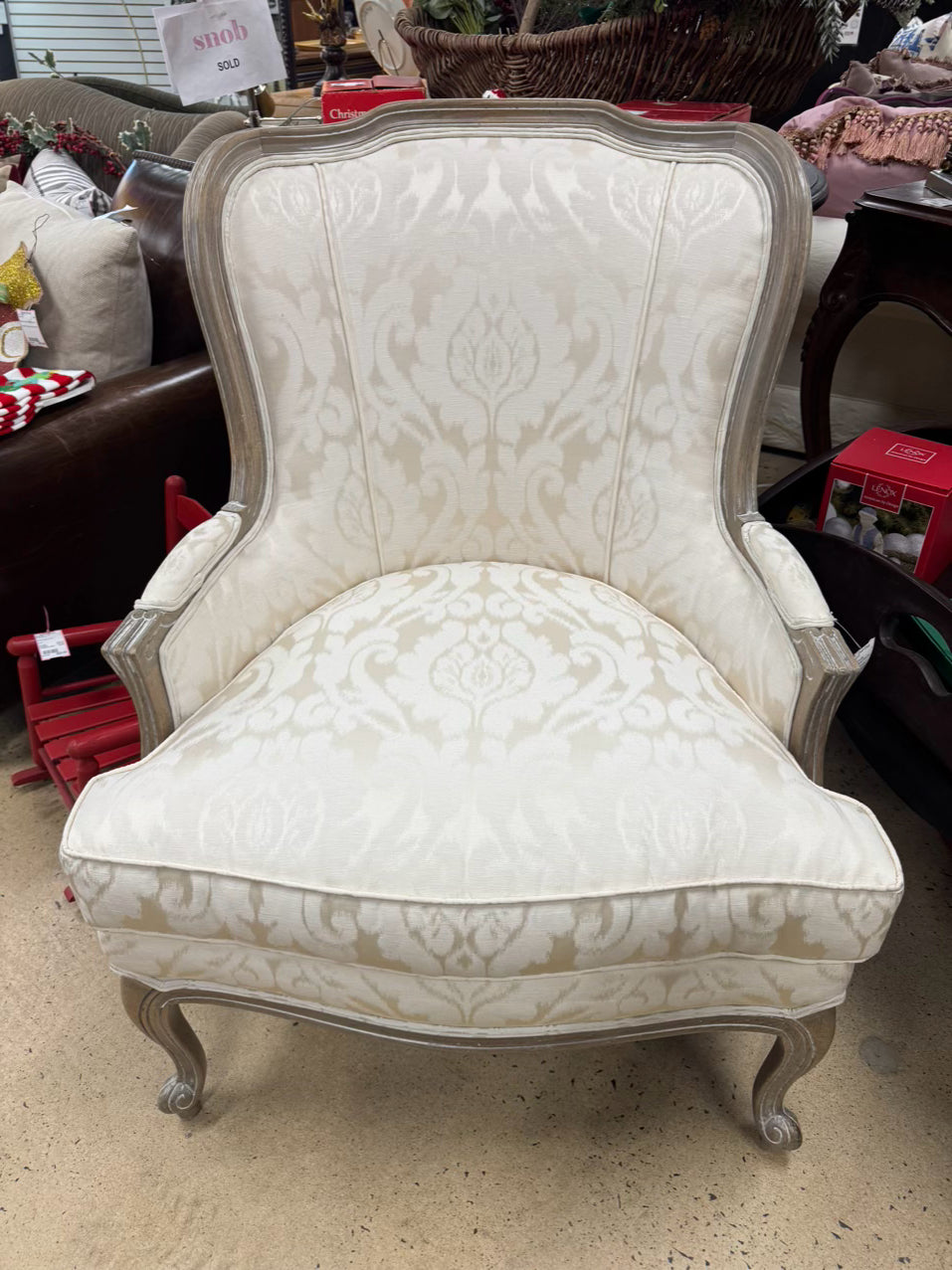 ETHAN ALLEN White Wash Wood & Cream Upholstered French Chair
