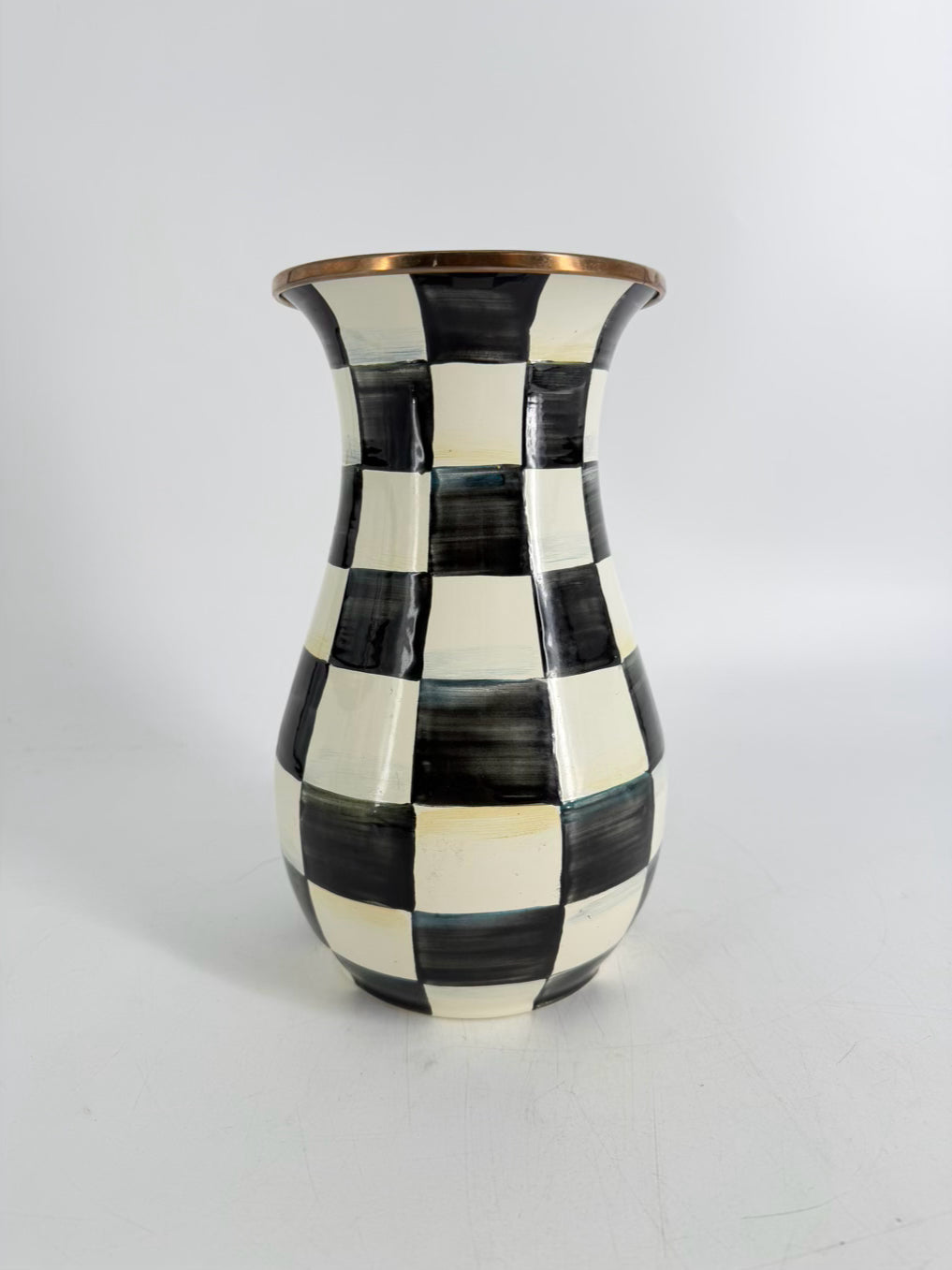 MACKENZIE CHILDS Courtly Check Black & Cream Metal Vase w/ Brass Rim