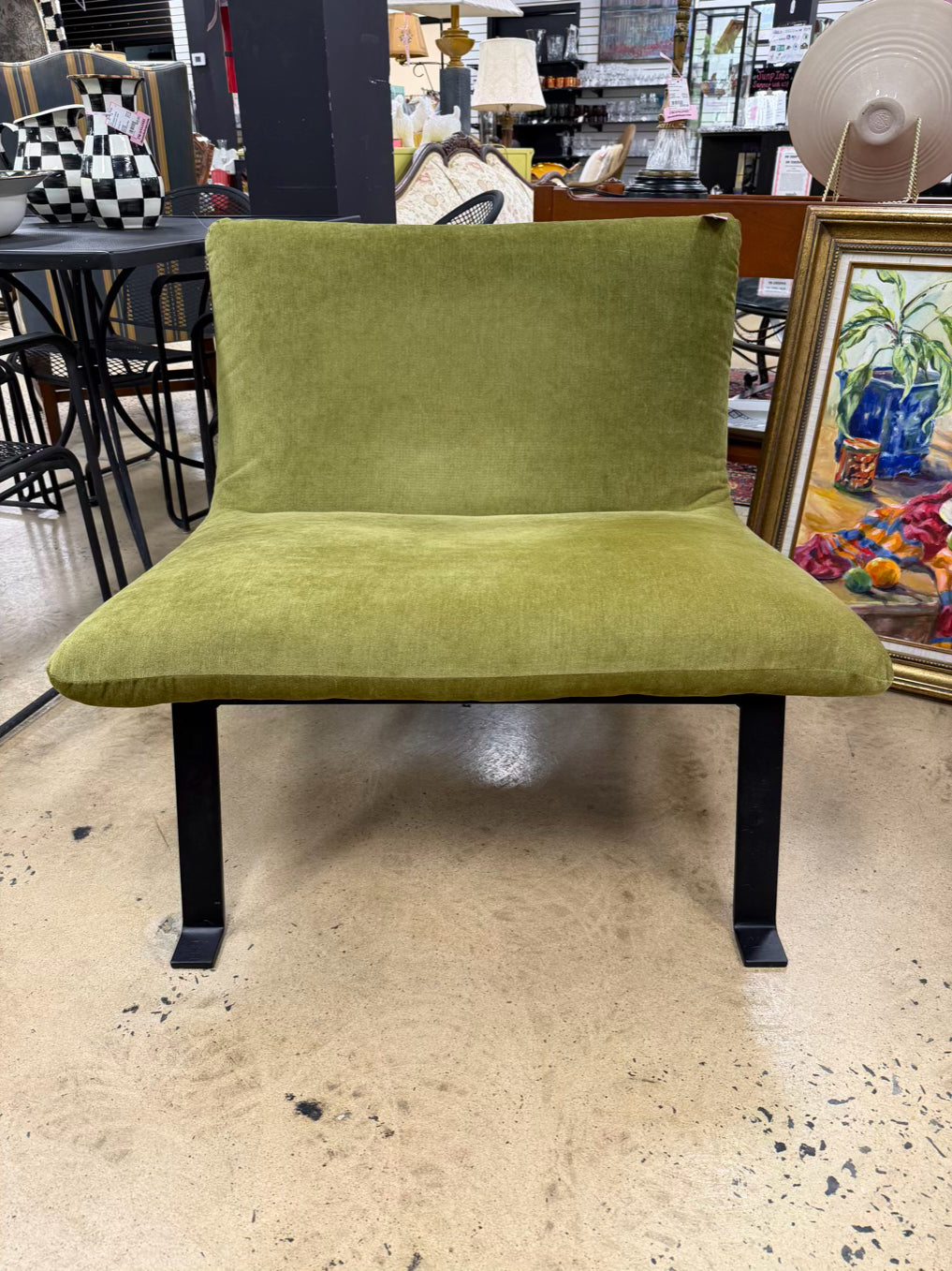 Green Armless Chair w/ Black Iron Legs