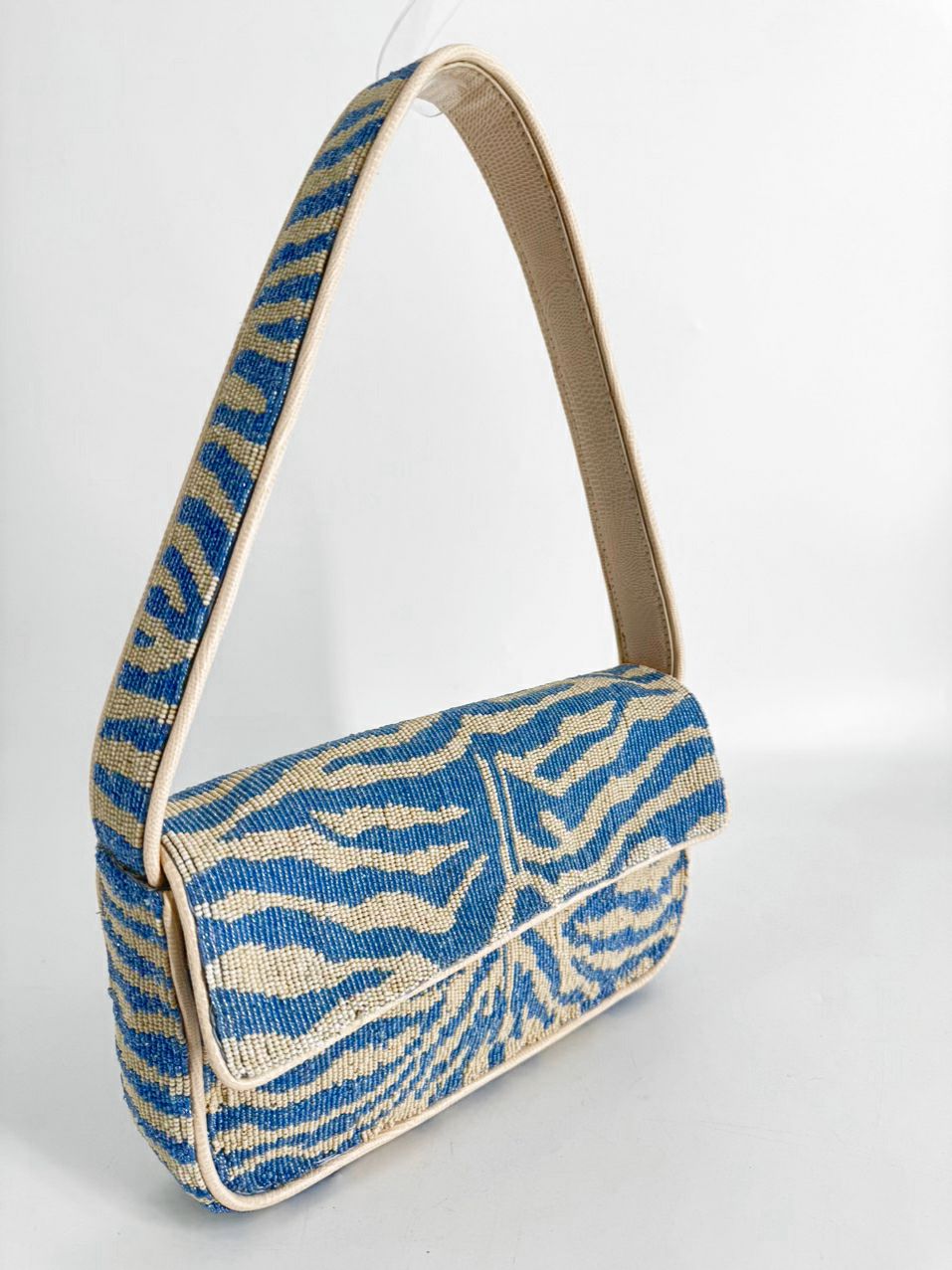 STAUD Blue & White Beaded Animal Print Tommy Purse