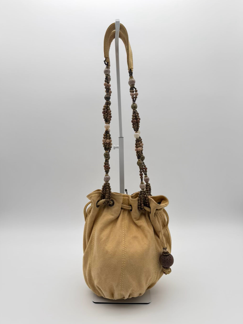 MARY FRANCES Flustered Beige Beaded Butterfly Drawstring Bucket Bag