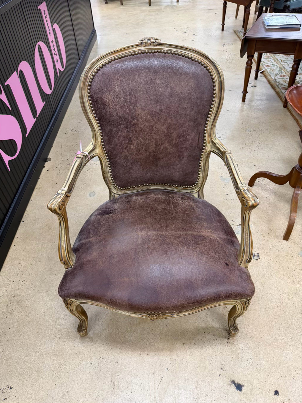 OLD HICKORY TANNERY French Provincial Cream Wood Chair w/ Brown Leather