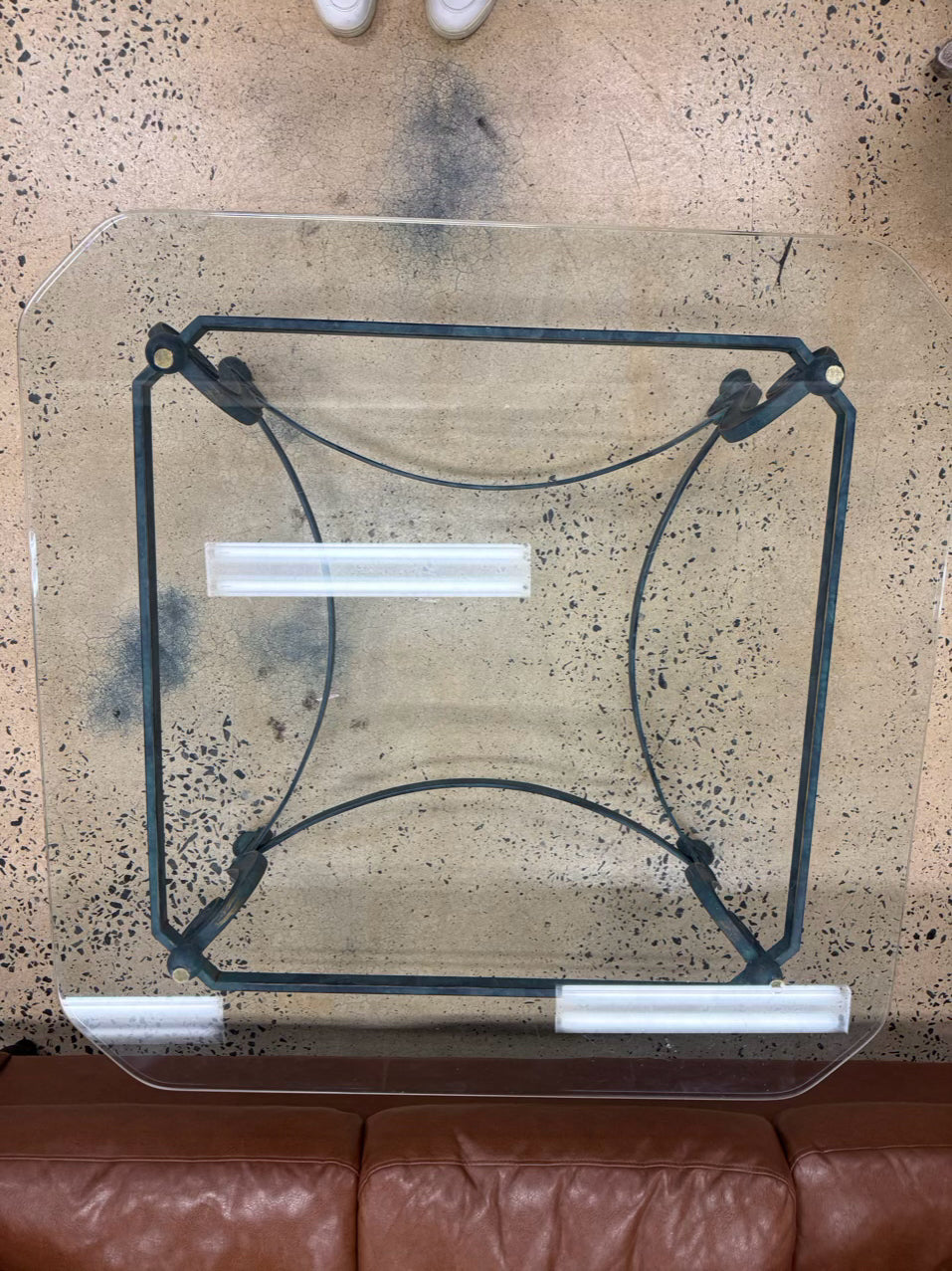 Glass & Green Metal Square Coffee Table