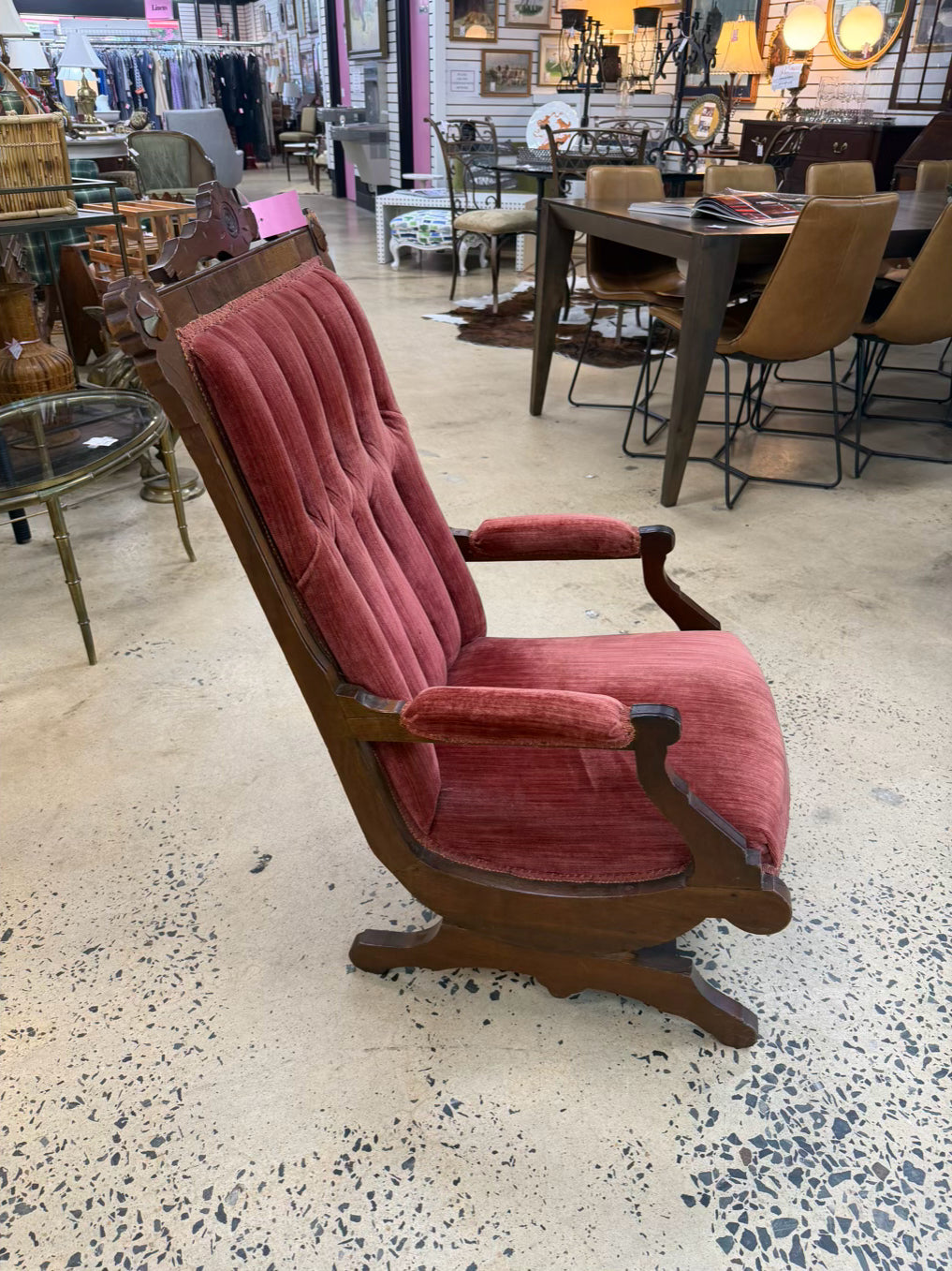 Victorian Wood Rose Velvet Rocking Chair