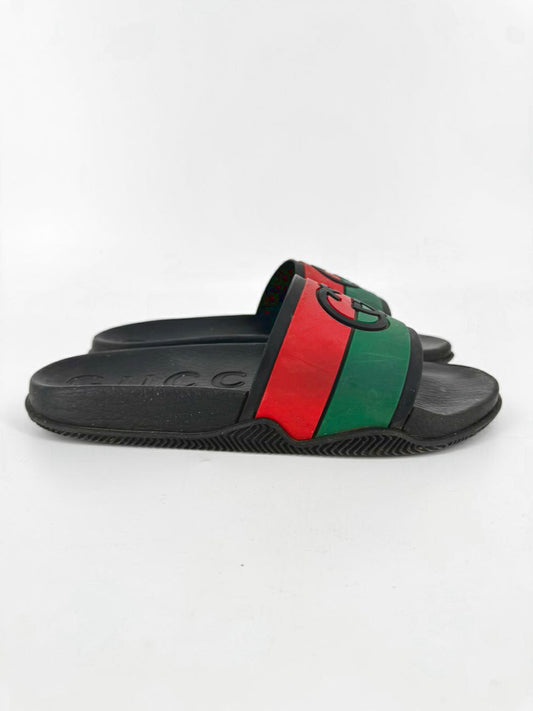 GUCCI Size 8.5 Black, Red & Green Rubber Slides