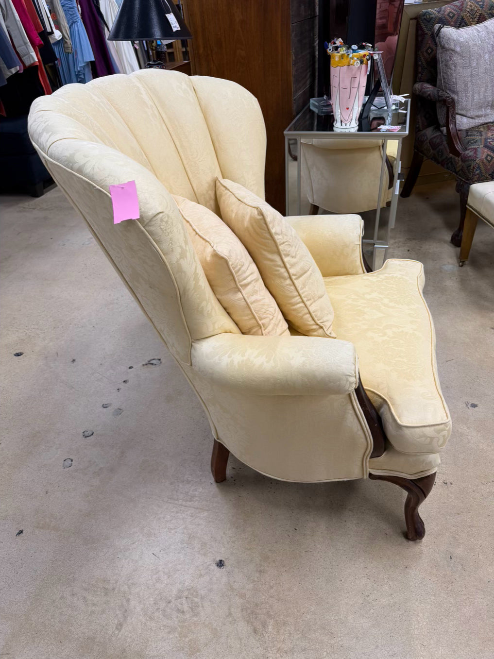 VINTAGE Yellow Damask Fan Back Chair w/ 2 Throw Pillows