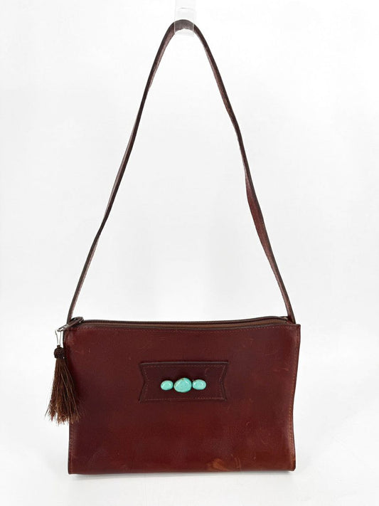 TWO BAR WEST Cognac Leather Purse w/ Turquoise Bead Detail