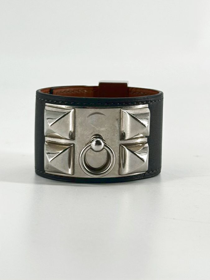 HERMES Gunmetal Leather Collier de Chien Wrap Bracelet