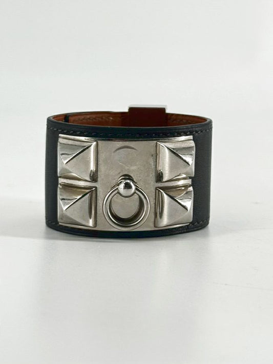 HERMES Gunmetal Leather Collier de Chien Wrap Bracelet