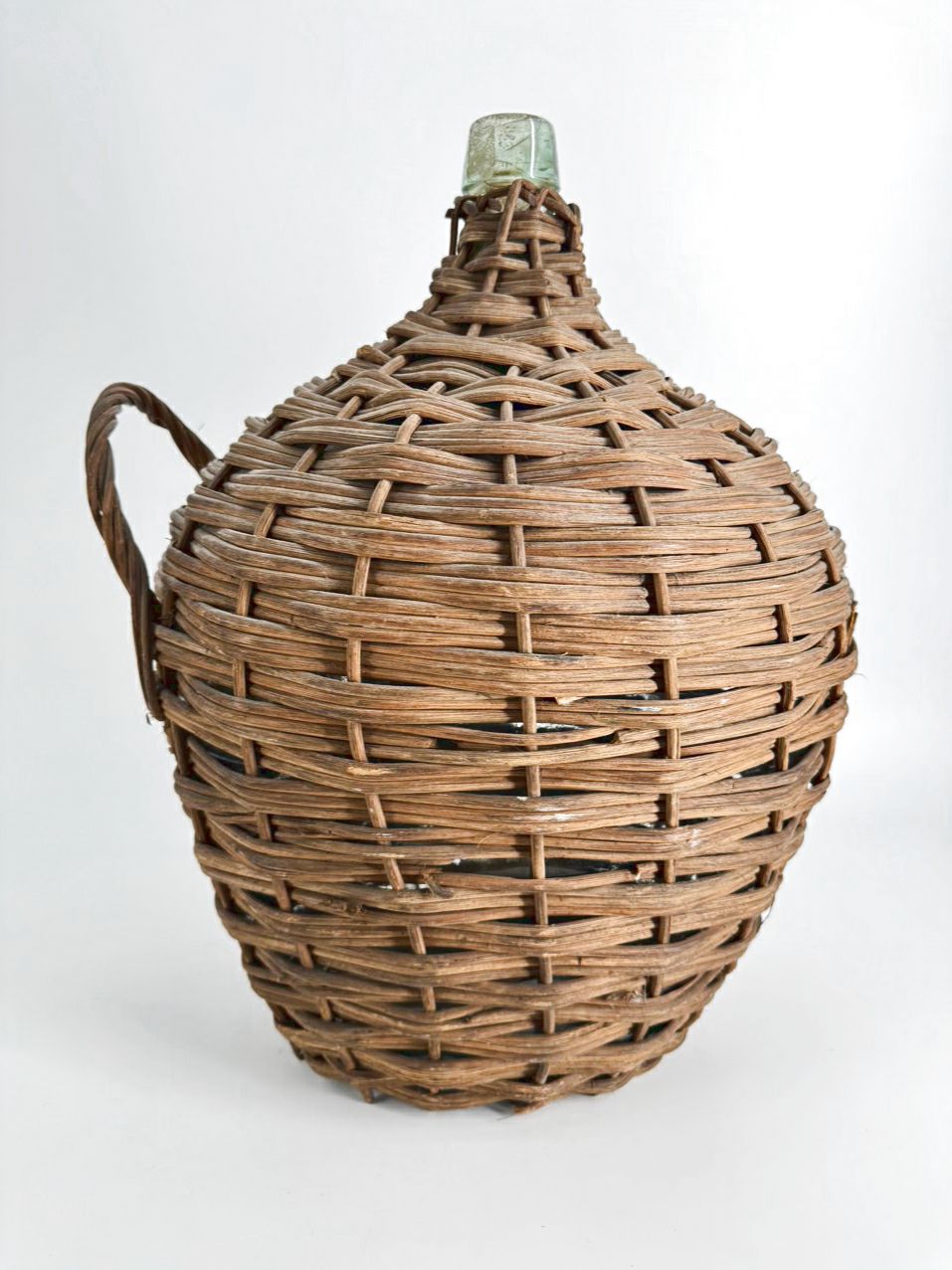 VINTAGE Brown & Green Wicker & Glass Wine Bottle Woven Carrier