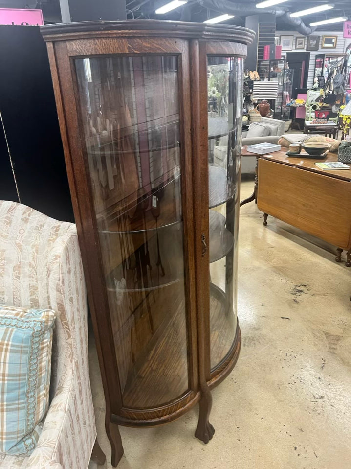Dark Tiger Oak Bow Front China Cabinet w/ Shelves