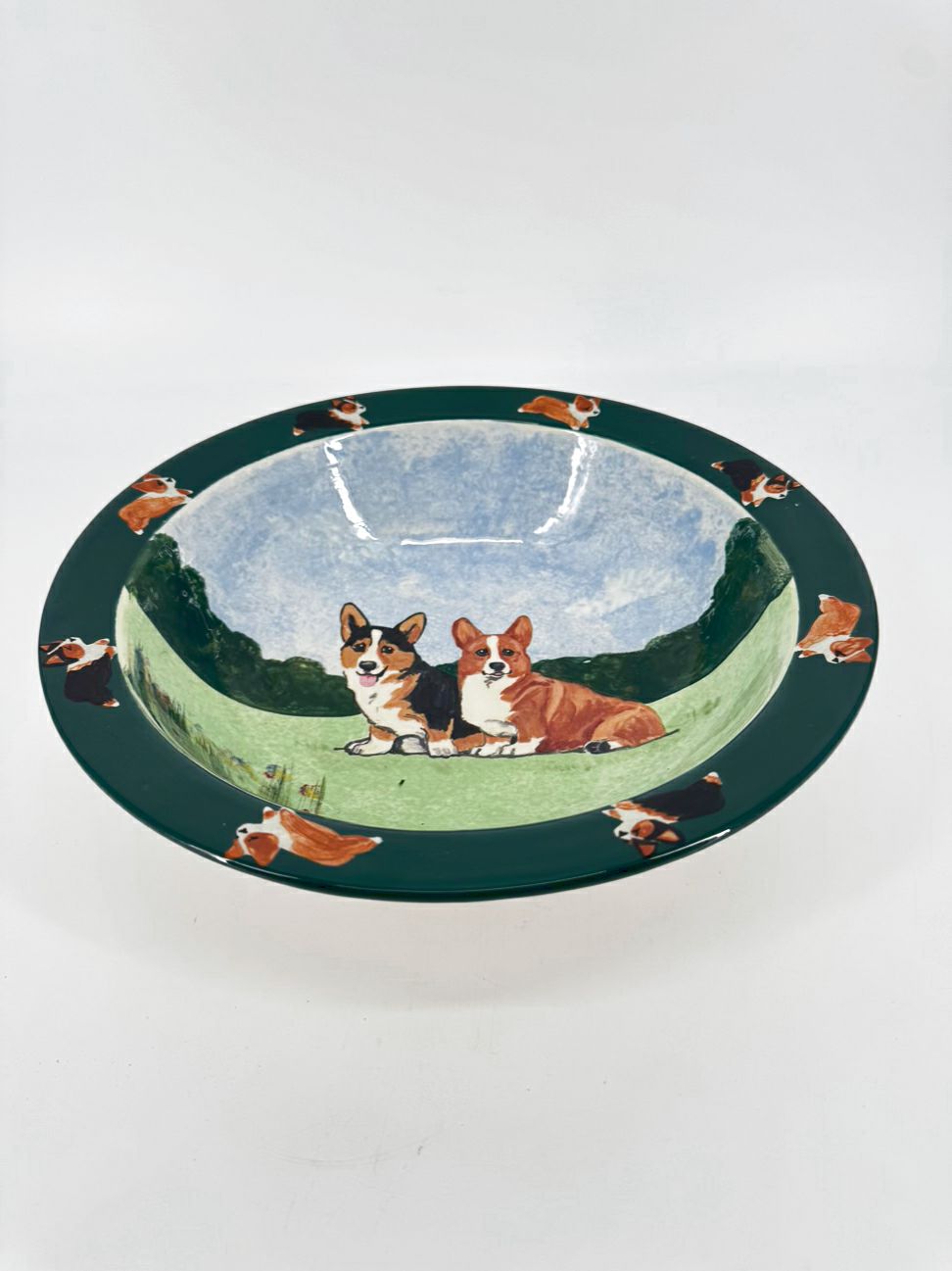 ZEPPA STUDIOS Green & Blue Welsh Corgis Pottery Bowl