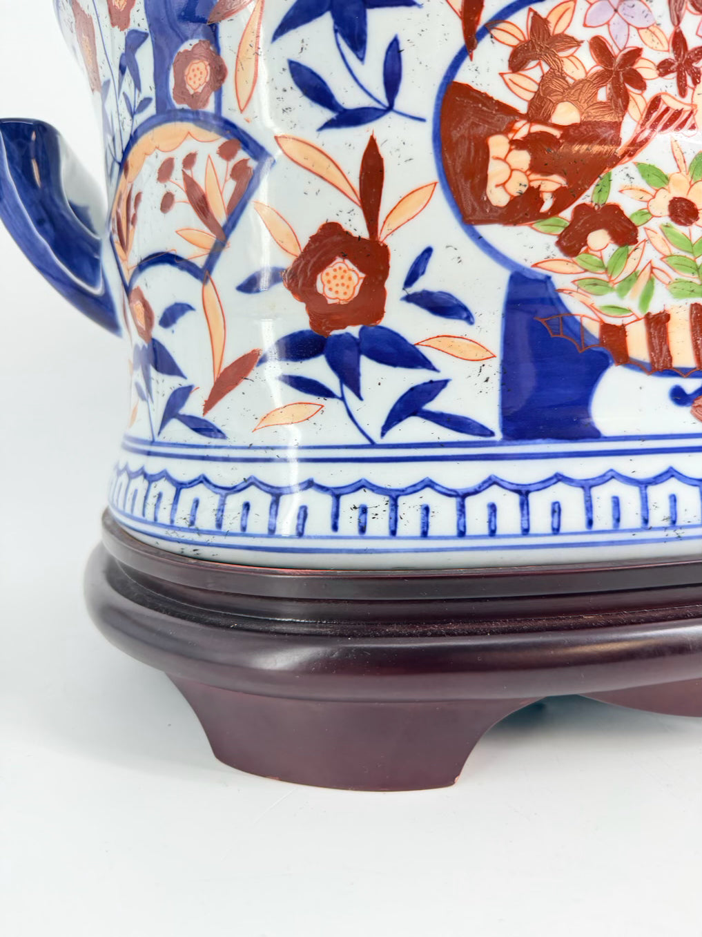 Navy, Rust & White Porcelain Foot Bath w/ Wood Base