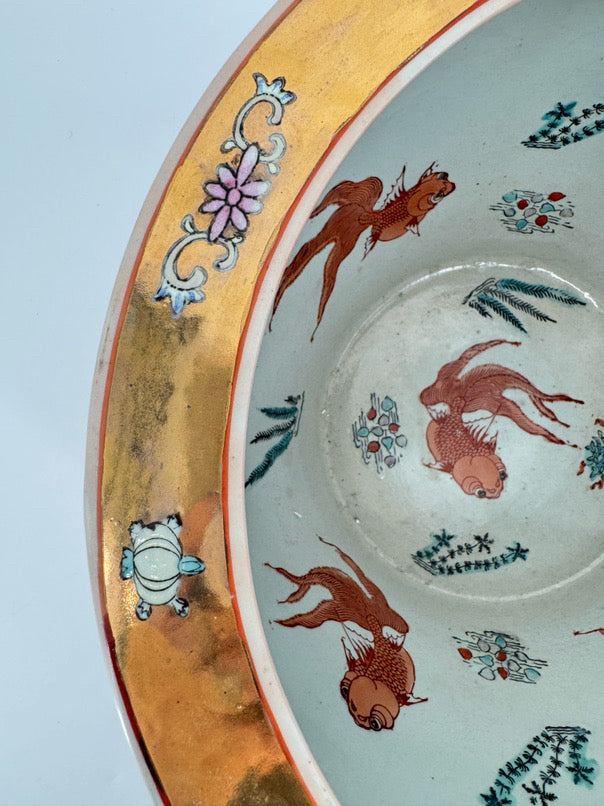 Pink & Aqua Porcelain Fish Planter on Wooden Stand