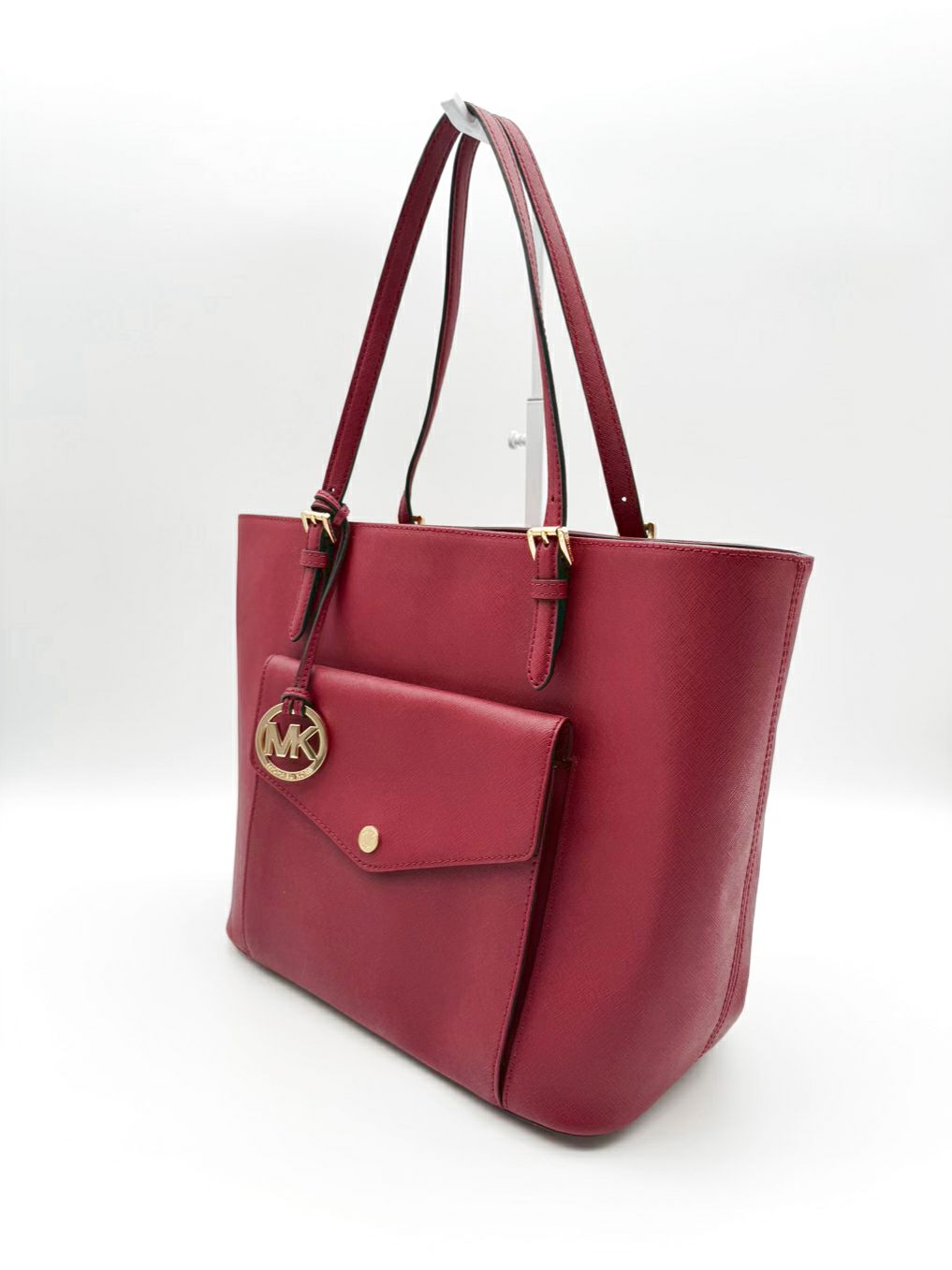 MICHAEL KORS Burgundy Jet Set Saffiano Leather Pocket Tote w/ Gold Tone Hardware