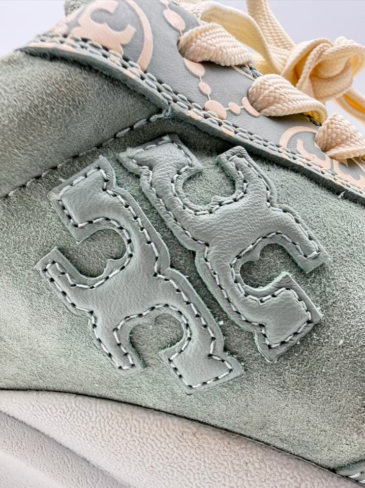 TORY BURCH WMNS Size 8.5 Teal & White Leather Monogram Sneakers