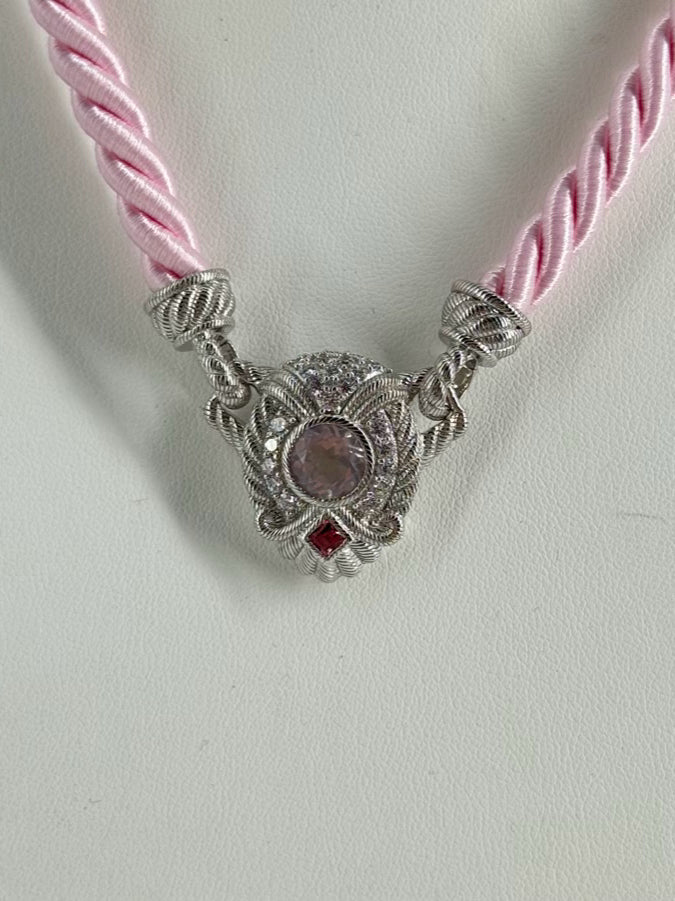 JUDITH RIPKA STERLING SILVER & Cubic Zirconia Pink Cord Necklace