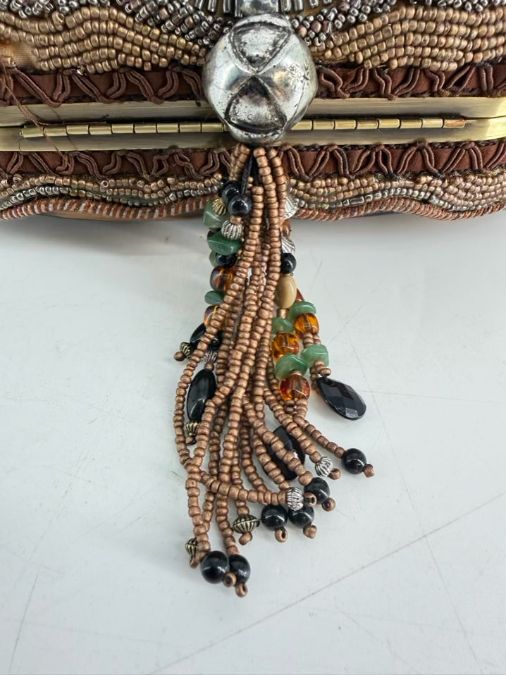 MARY FRANCES Beaded Tan, Brown & Teal Carmel Macchiato Gemstone Purse NWT
