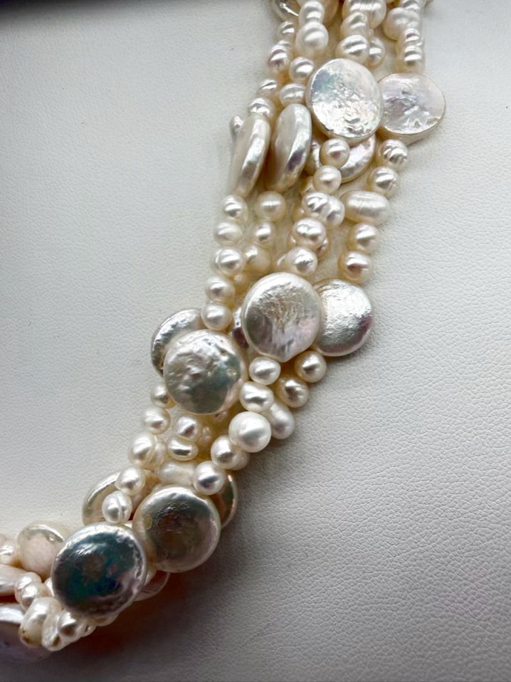 Iridescent Pearl Multi-Strands Necklace w/ 925 Clasp
