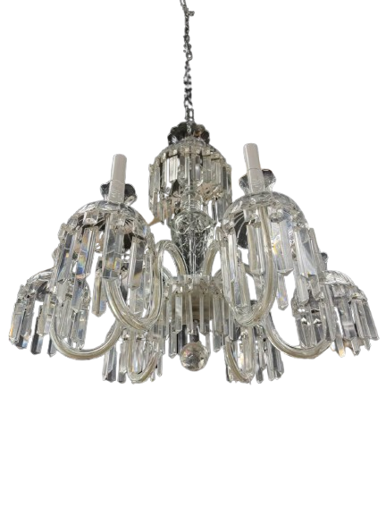 Clear & Silver Crystal & Polished Chrome 6 Arm Chandelier w/ Prisms