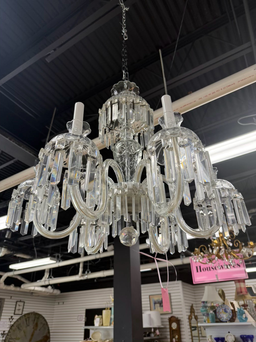 Clear & Silver Crystal & Polished Chrome 6 Arm Chandelier w/ Prisms