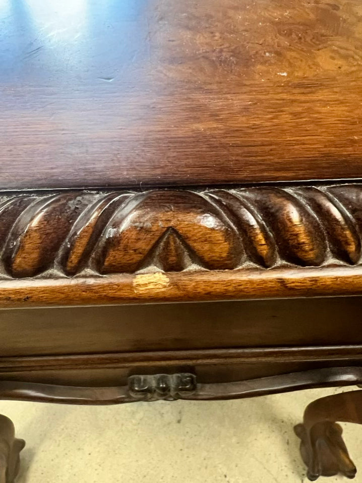 Medium Brown Carved Wood Writing Desk w/ 3 Drawers