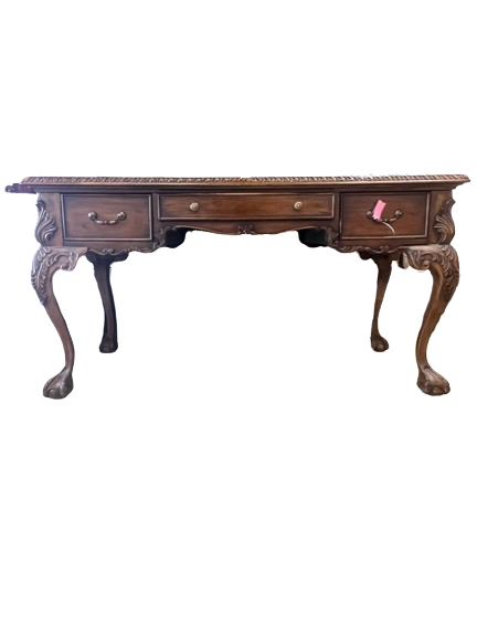 Medium Brown Carved Wood Writing Desk w/ 3 Drawers