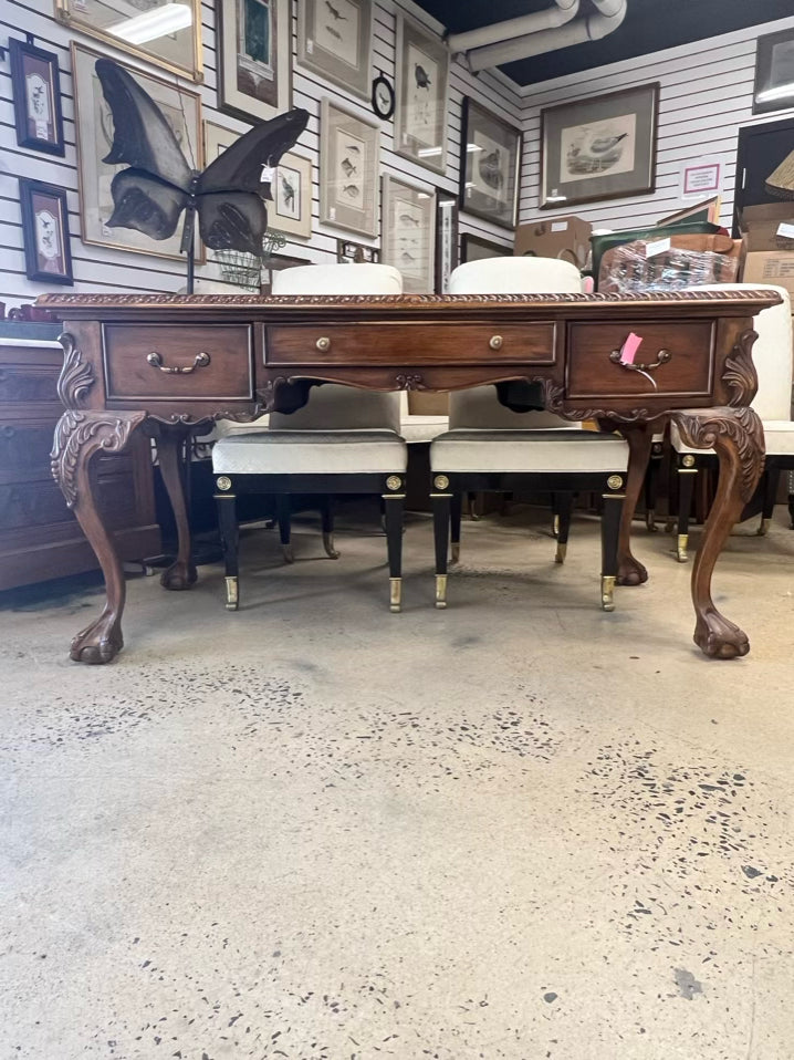 Medium Brown Carved Wood Writing Desk w/ 3 Drawers