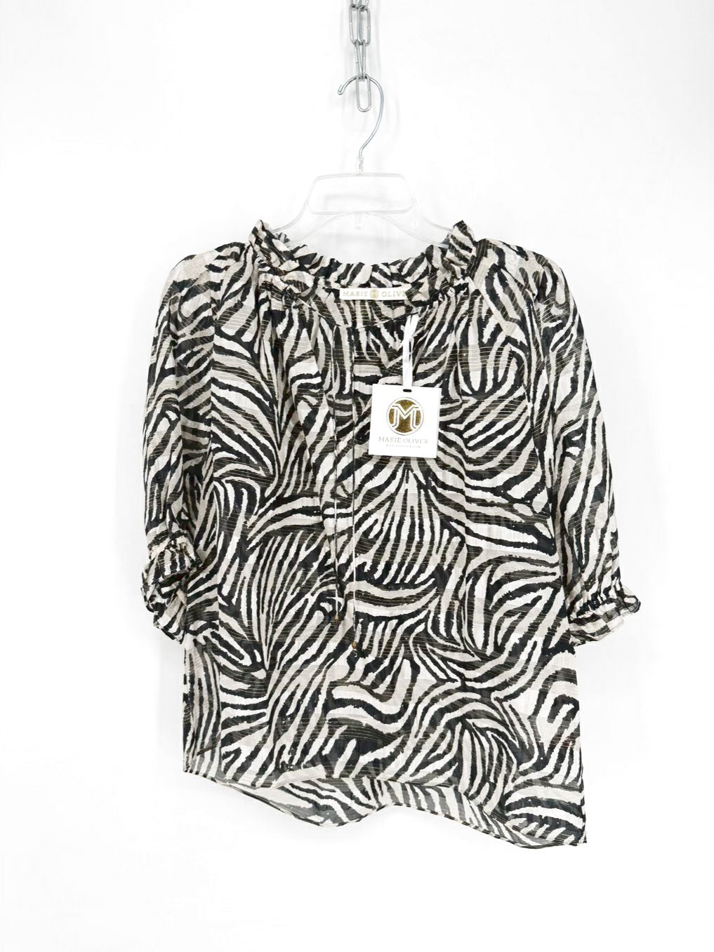 MARIE OLIVER Size S Gray Sheer Print Silk Blouse NWT