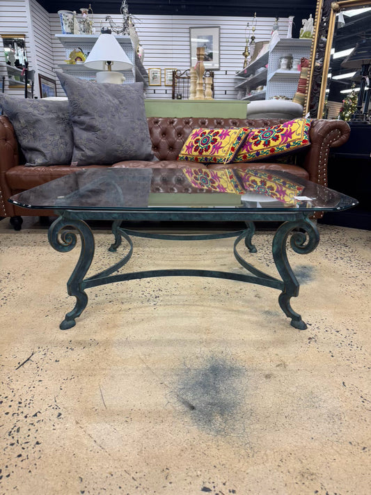 Glass & Green Metal Square Coffee Table
