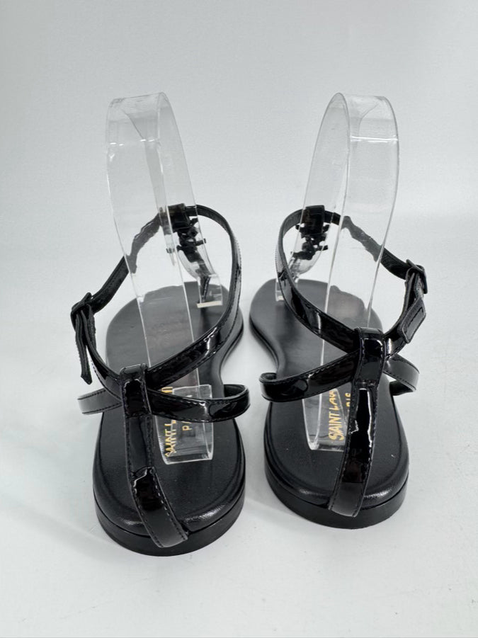 SAINT LAURENT Size 37.5 Black Leather Logo Sandals