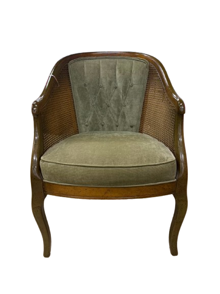 VINTAGE Brown Cane Chair w/ Green Upholstery
