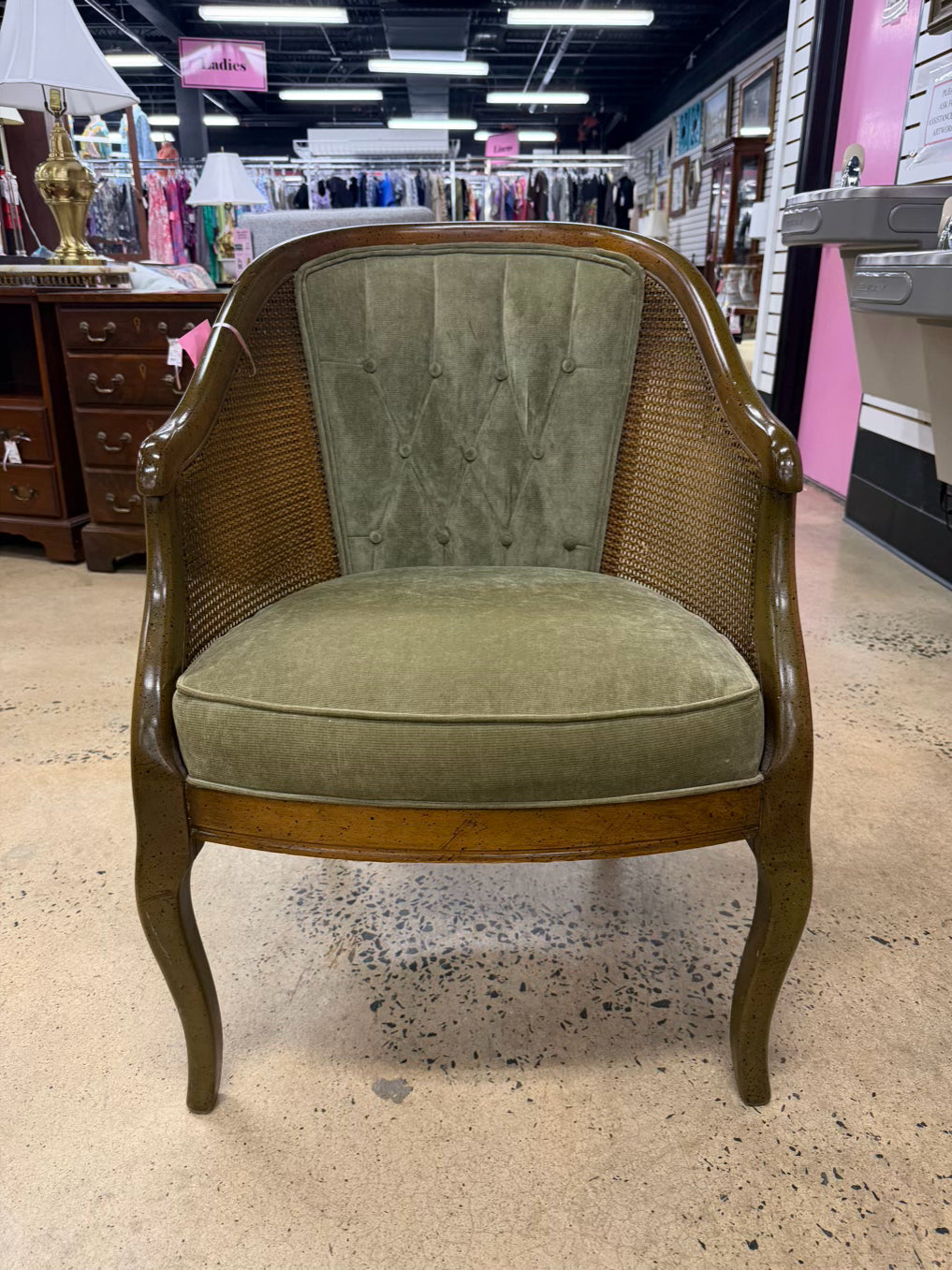VINTAGE Brown Cane Chair w/ Green Upholstery