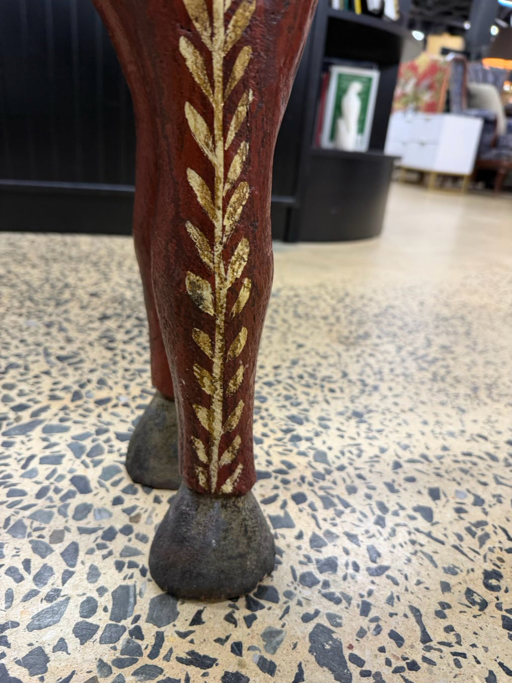 Gold, Red & Black Painted Wood Carved  Horse Figure